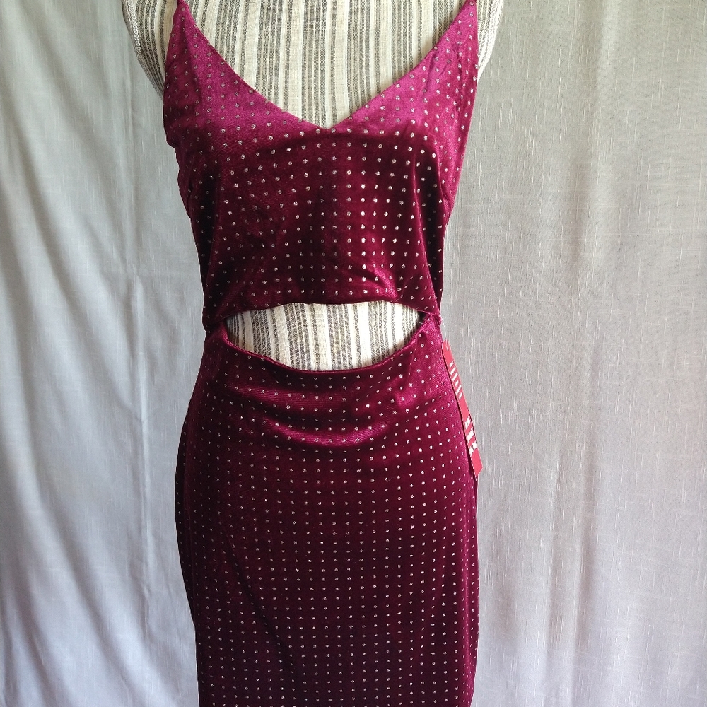 Sparkly Velvet Burgundy Gold Strappy Mini Dress Cutout Size Large - Picture 2 of 16